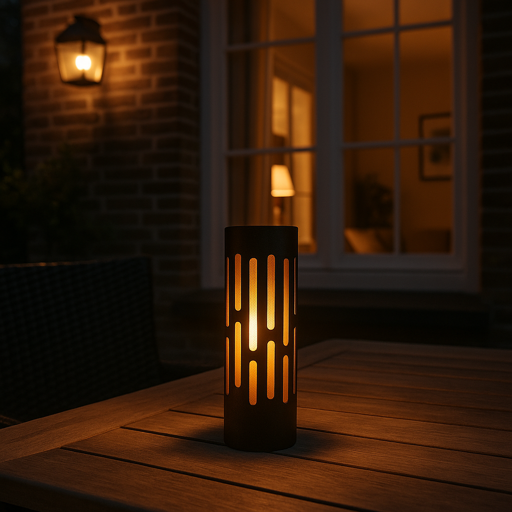 Eine moderne zylindrische Außenlaterne mit warmer LED-Beleuchtung, die in einer abendlichen Umgebung auf einem hölzernen Gartentisch steht und von vorne mit einem Haus und einem Fenster im Hintergrund fotografiert wurde.