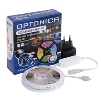 Vorderansicht des Optonica LED Smart Strip Kit (SKU: 4326), inklusive LED-Streifen auf einer Rolle, Netzteil, Controller und Produktverpackung, mit RGB+CCT-Beleuchtung für den Innenbereich, IP20 12V.