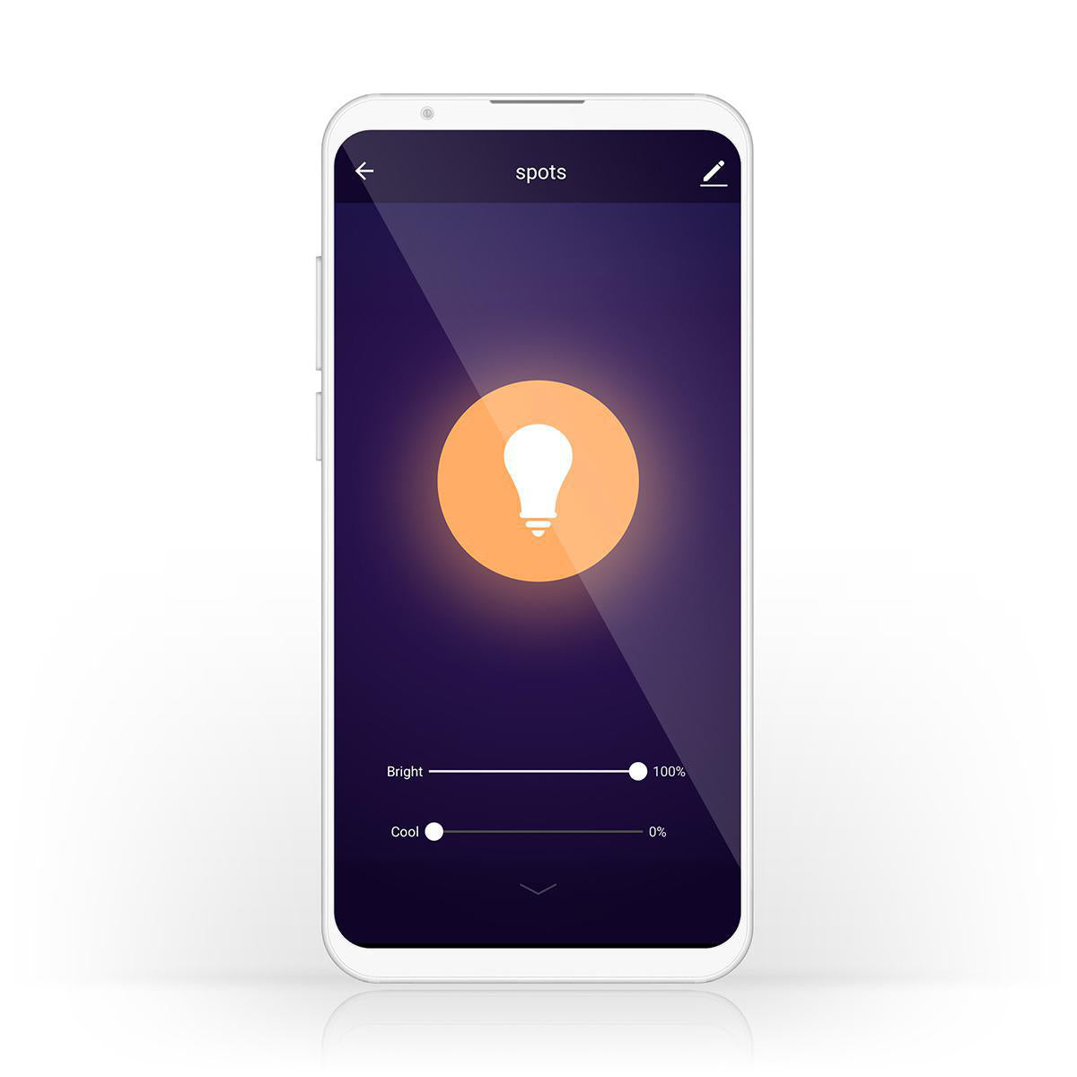 Vorderansicht eines Smartphones mit geöffneter Smart-Lighting-App, die ein Lampensymbol und Schieberegler für Helligkeit und Farbtemperatur zeigt, die zur Steuerung intelligenter Strahler gedacht sind.