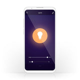 Vorderansicht eines Smartphones mit geöffneter Smart-Lighting-App, die ein Lampensymbol und Schieberegler für Helligkeit und Farbtemperatur zeigt, die zur Steuerung intelligenter Strahler gedacht sind.