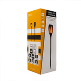 Verpackung einer Solar-LED-Gartenlichtfackel 6W IP65 mit Flammeneffekt, Seiten- und Frontansicht sichtbar mit Produktmerkmalen wie Lichtleistung (200lm), Wasserdichtigkeit (IP65) und Energieklasse.