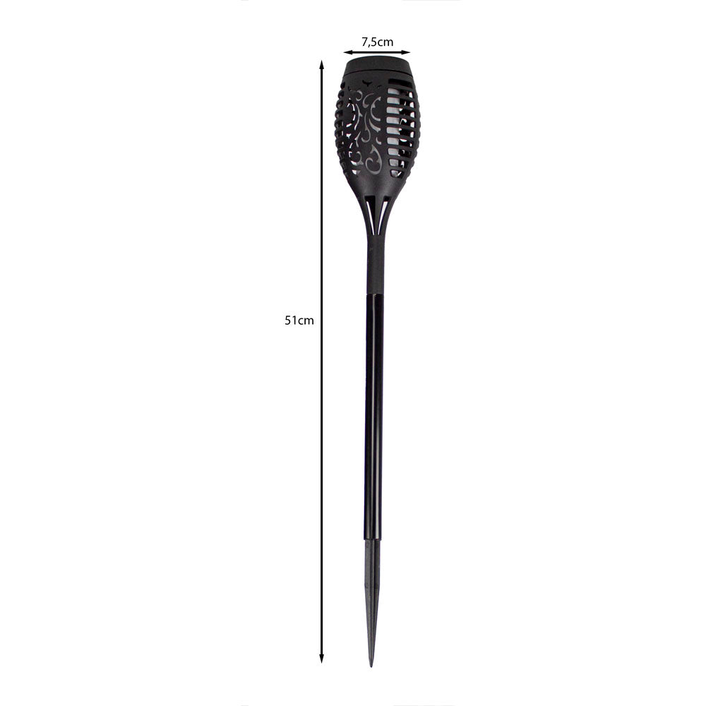 Schwarze Solar-Gartenfackel mit Flammeneffekt, Frontansicht, Gesamthöhe 51 cm und Breite 7,5 cm, ideal für stimmungsvolle Beleuchtung im Garten oder auf der Terrasse.