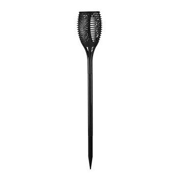 Schwarze Solar-Taschenlampe mit Flammeneffekt, von vorne vollständig sichtbar vor weißem Hintergrund.