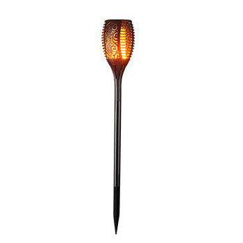 Gartenfackel mit LED-Flammeneffekt, von vorne vollständig sichtbar, schwarzes Kunststoffdesign mit dekorativem Muster und spitzem Fuß zum einfachen Einstecken in den Boden.