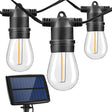 Nahaufnahme einer wasserdichten Solar-LED-Außenleuchte mit schwarzen Armaturen und Vintage-Glühbirnen, einschließlich eines Solarpanels – ideal für Garten, Terrasse oder Balkon.