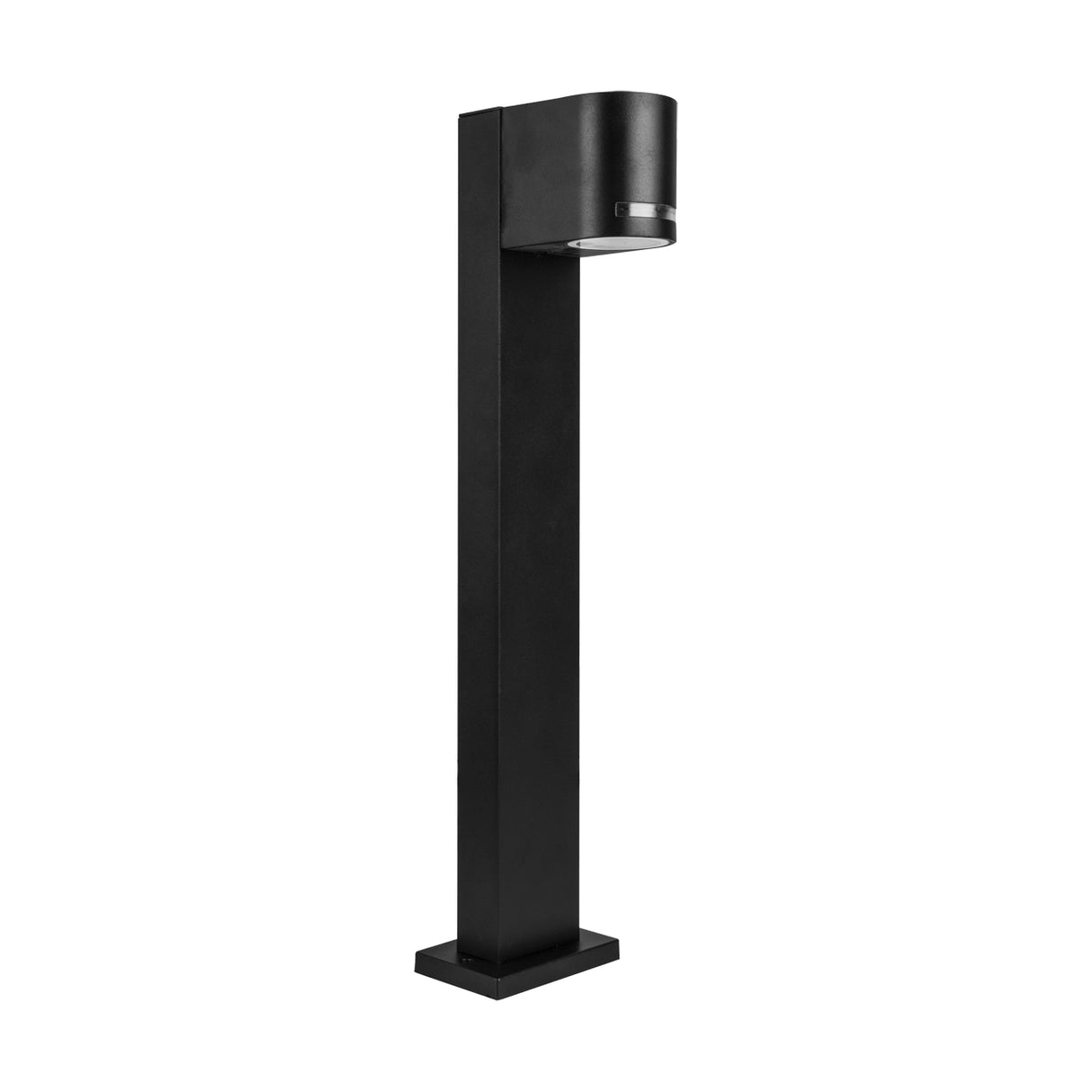 Schwarze, moderne Außenmastlampe mit quadratischem Sockel und gebogenem Arm, Vorderansicht, ideal für die Beleuchtung von Gärten oder Einfahrten.