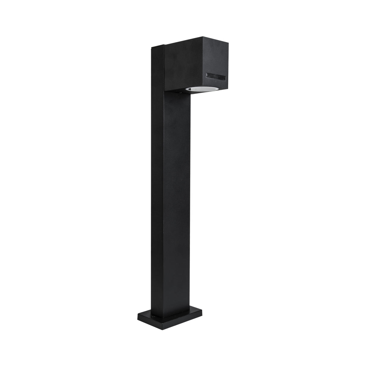 Schwarze, moderne Außenleuchte auf einem Mast mit quadratischem Design und abgewinkelter Frontansicht – geeignet für die Beleuchtung von Gartenwegen und Einfahrten.