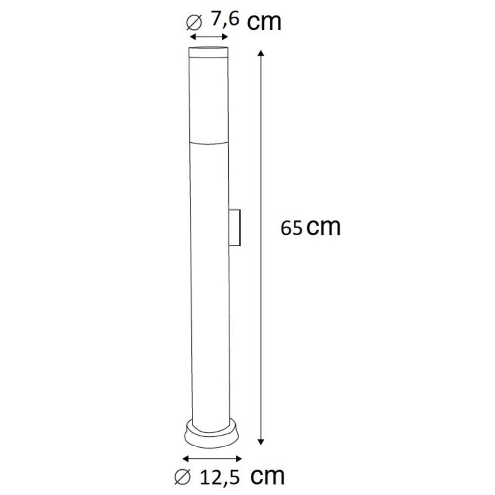 Technische Strichzeichnung einer stehenden Außenlampe mit Abmessungen; Seitenansicht mit Höhe 65 cm, oberem Durchmesser 7,6 cm und unterem Durchmesser 12,5 cm.
