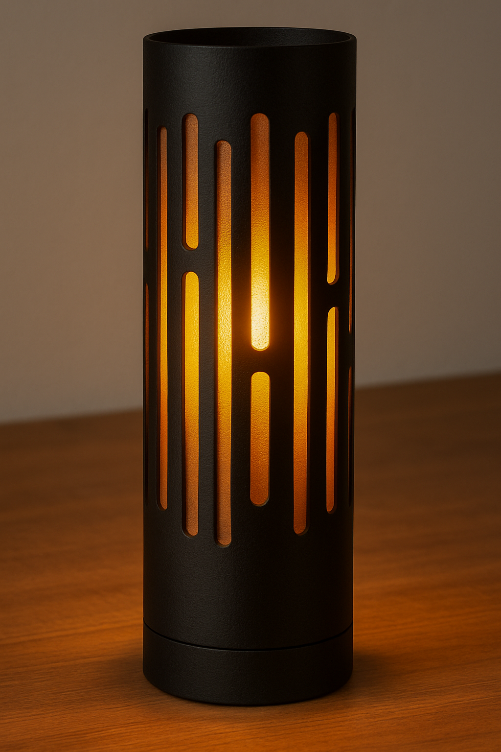 Schwarze zylindrische Tischlampe mit vertikalen Ausschnitten und warmem bernsteinfarbenem Licht, Frontansicht auf einem Holzsockel.