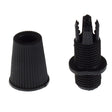 Schwarzer Presta-Ventiladapter und Ventilkappe aus Kunststoff, Frontalansicht, passend für Fahrradschläuche mit Presta-Ventil.