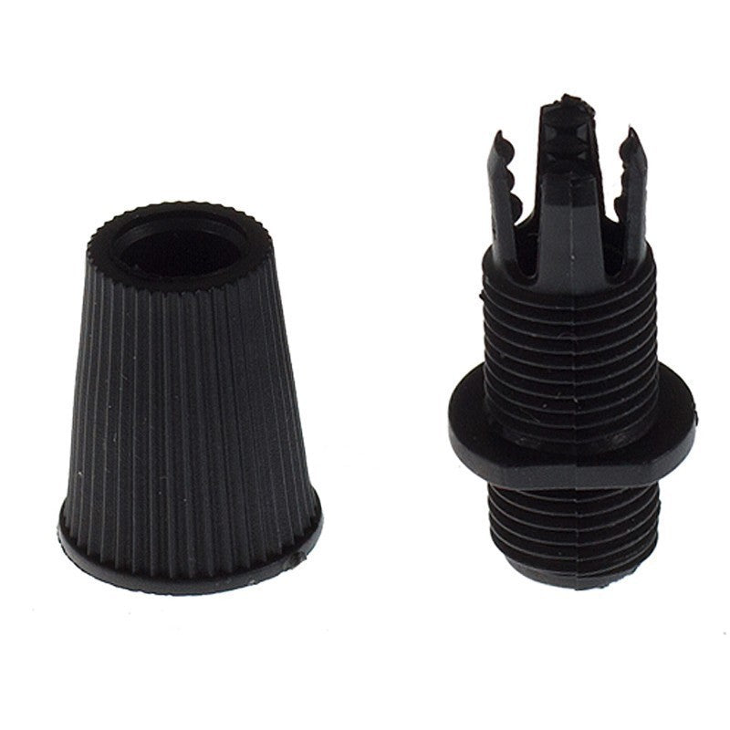 Schwarzer Presta-Ventiladapter und Ventilkappe aus Kunststoff, Frontalansicht, passend für Fahrradschläuche mit Presta-Ventil.