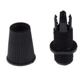 Schwarzer Presta-Ventiladapter und Ventilkappe aus Kunststoff, Frontalansicht, passend für Fahrradschläuche mit Presta-Ventil.