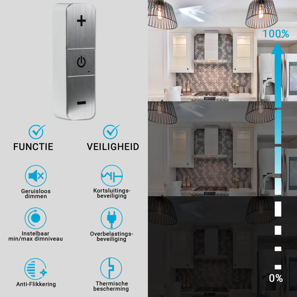 LED snoerdimmer RVS ion dimmer - 220 volt - 50 Watt - specificaties