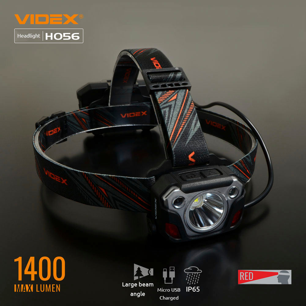 Nahaufnahme der Stirnlampe Videx H056 von vorne mit verstellbarem Kopfband, 1400 Lumen Lichtleistung, breitem Abstrahlwinkel, wasserdicht nach IP65-Standard und wiederaufladbar über Micro-USB.