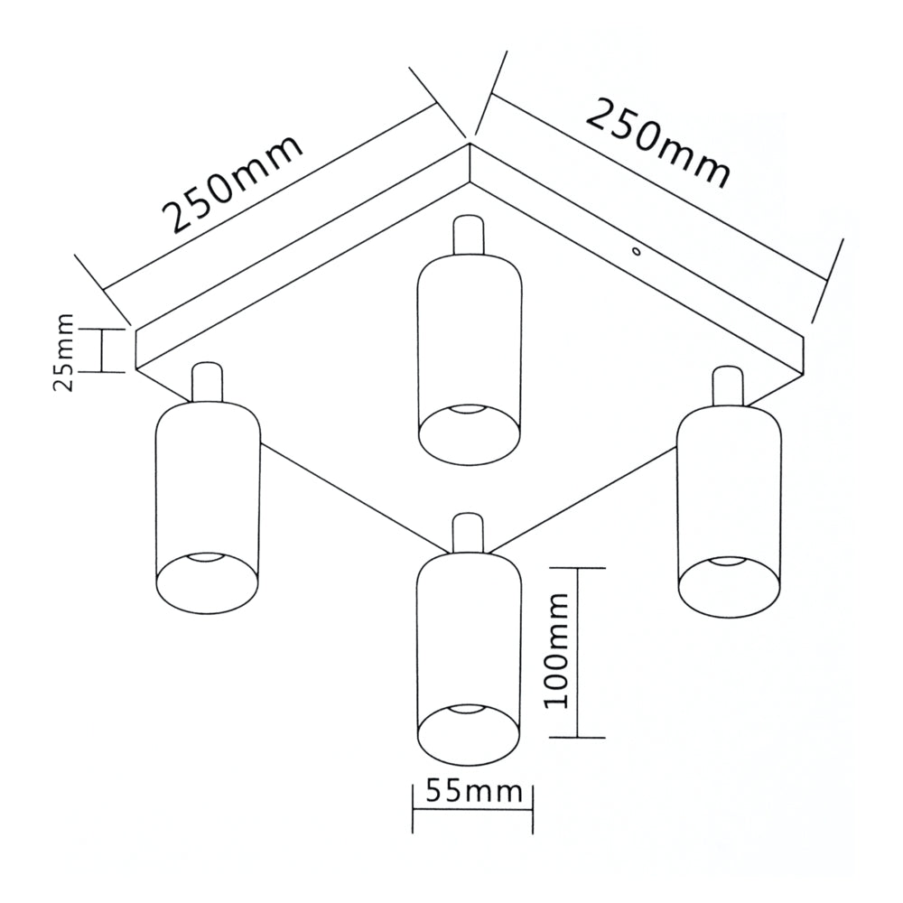 Technische Strichzeichnung einer Deckenleuchte mit vier Zylinderlampen, Montageplattenmaße 250x250x25 mm, Lampenschirme 100 mm lang und 55 mm im Durchmesser; Unteransicht des Produkts.