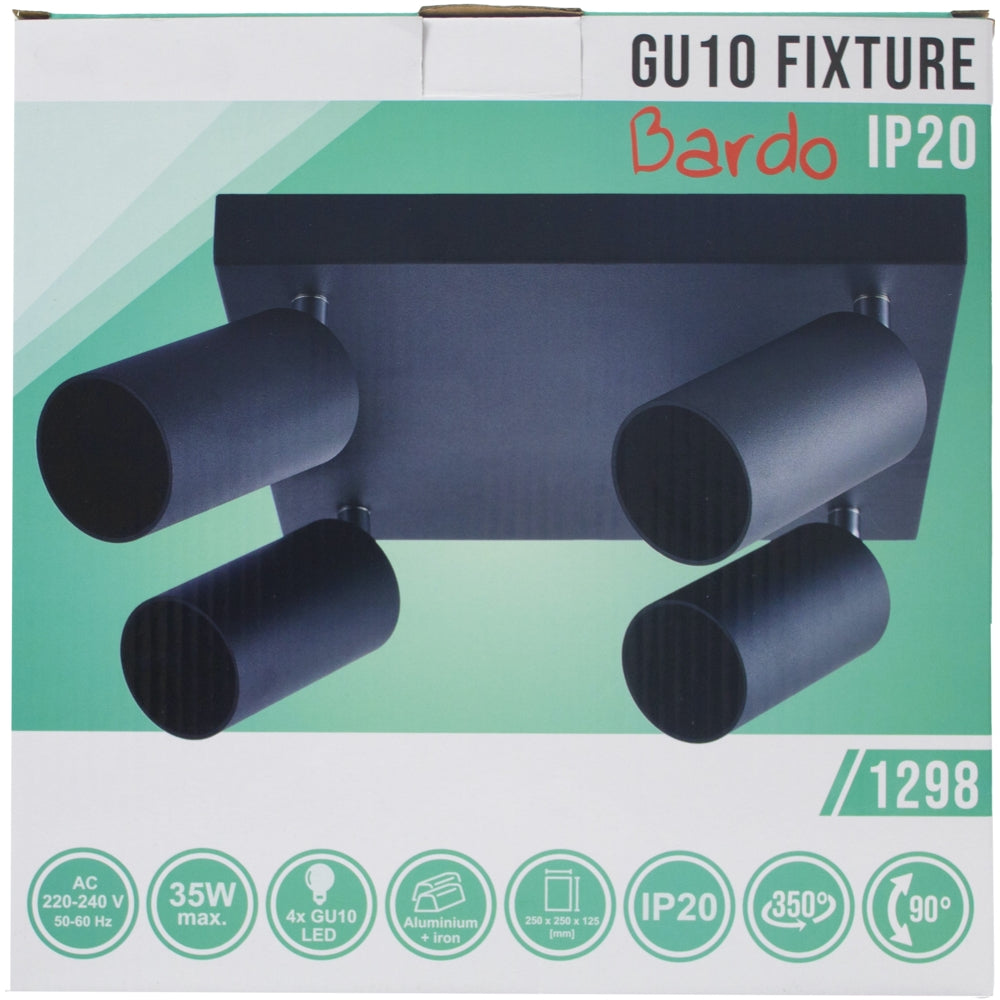Quadratische schwarze Deckenleuchte Bardo mit vier verstellbaren GU10-Strahlern, Vorderansicht der Leuchte auf der Produktverpackung, geeignet für 4x GU10-LED-Lampen, IP20, max. 35 W, Konstruktion aus Aluminium und Eisen.