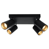 Schwarze Deckenleuchte mit vier verstellbaren Strahlern, modernes Design, Unterseite der Leuchte mit warmweißem Licht.