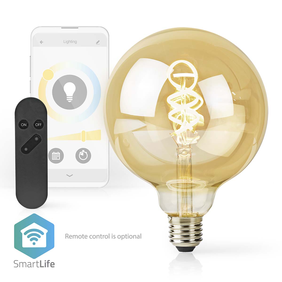 SmartLife Smart-LED-Filamentlampe G95 mit E27-Fassung, bernsteinfarbenem Glas und Spiralfaden, abgebildet in der Vorderansicht zusammen mit Smartphone-App-Schnittstelle und optionaler Fernbedienung für kabellose Bedienung.