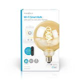 Vorderseite der Produktverpackung der Nedis Wi-Fi Smart Bulb mit warm- bis kaltweißem Glühfaden, E27-Fassung, 380 Lumen, kompatibel mit Google Assistant und Amazon Alexa und optionaler Fernbedienung.
