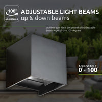 Schwarze moderne Wandleuchte mit einstellbarem Lichtstrahl nach oben und unten, seitlicher Blick; Abstrahlwinkel einstellbar von 0 bis 100 Grad, ideal für stimmungsvolle Außenbeleuchtung.