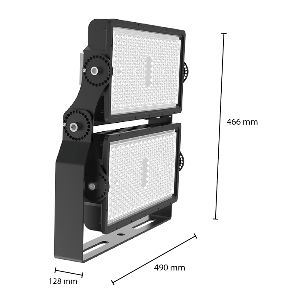 Seitenansicht eines industriellen Doppel-LED-Flutlichts mit den Maßen 490 mm Breite, 466 mm Höhe und 128 mm Tiefe, ausgestattet mit einer Montagehalterung und einer gerippten Linsenstruktur für optimale Lichtverteilung.
