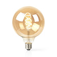 Dekorative LED-Filamentlampe Globe E27 mit bernsteinfarbenem Glas, Frontansicht mit sichtbarem Spiralfaden.
