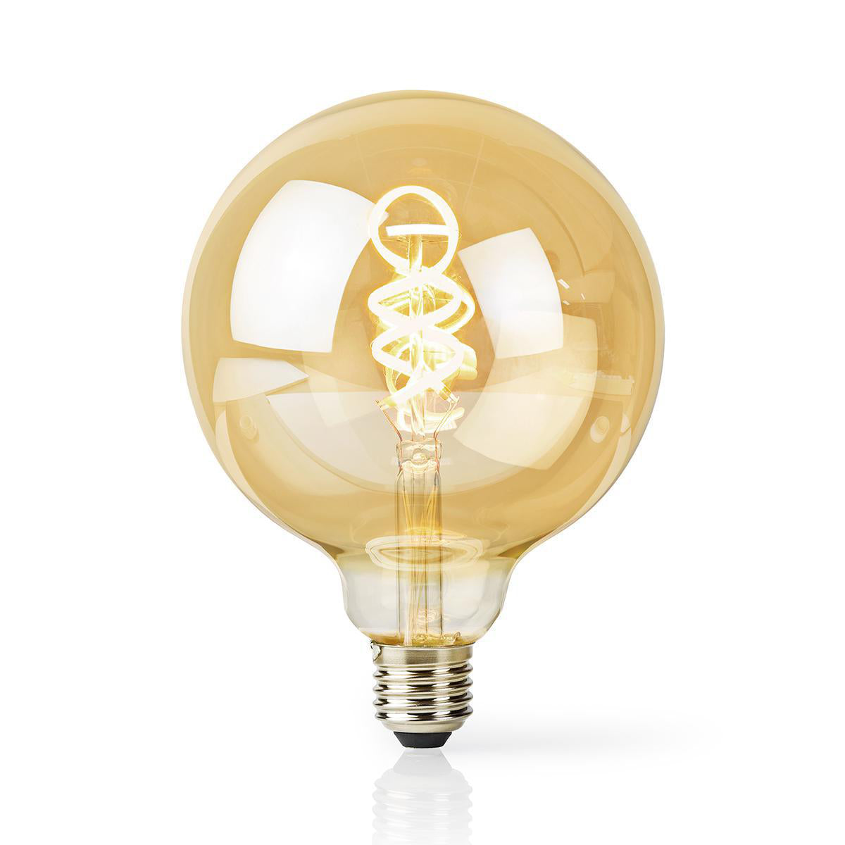 Bernsteinfarbene LED-Glühbirne in Kugelform mit E27-Fassung und dekorativem Spiraldesign, Frontalansicht vor weißem Hintergrund.