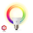 Vorderansicht einer intelligenten LED-Glühbirne von Nedis mit E27-Fassung und ZigBee-Kompatibilität, umgeben von einem bunten Lichtkreis, der die RGB-Farboptionen anzeigt.