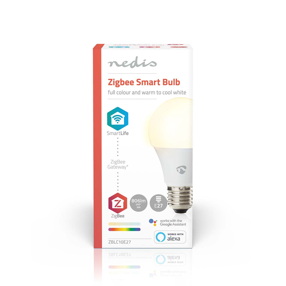 Vorderansicht der Produktverpackung der Nedis Zigbee Smart Bulb, einer intelligenten LED-Glühbirne mit E27-Fassung, einstellbaren Farben und Weißtemperatur, kompatibel mit ZigBee, Google Assistant und Amazon Alexa.