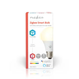 Vorderansicht der Produktverpackung der Nedis Zigbee Smart Bulb, einer intelligenten LED-Glühbirne mit E27-Fassung, einstellbaren Farben und Weißtemperatur, kompatibel mit ZigBee, Google Assistant und Amazon Alexa.