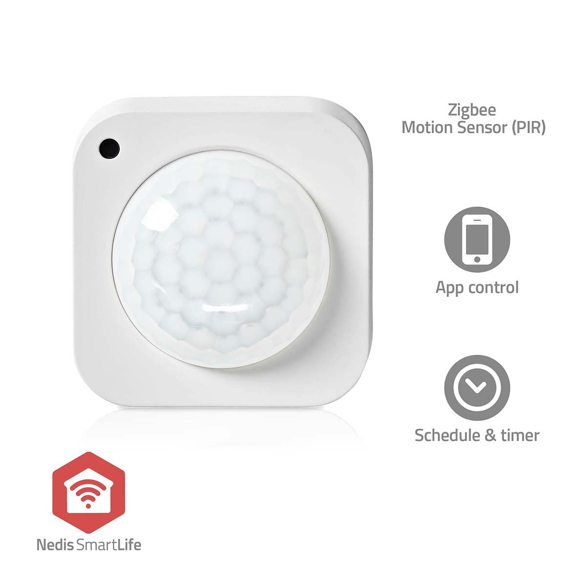 Vorderansicht eines weißen Nedis SmartLife Zigbee-Bewegungssensors (PIR) mit Wabenlinse, geeignet für die App-Steuerung und ausgestattet mit Zeitplan- und Timerfunktion.