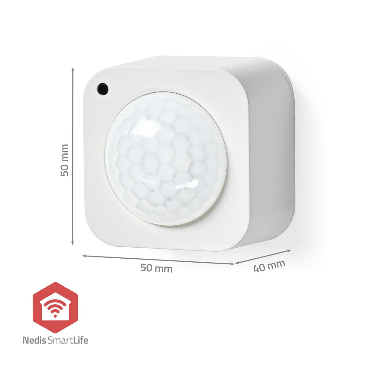 Nedis SmartLife PIR-Bewegungssensor in Weiß, mit sichtbarer Vorder- und Seite, einschließlich Abmessungen von 50 x 50 x 40 mm, ideal für intelligente Sicherheits- und Automatisierungssysteme.
