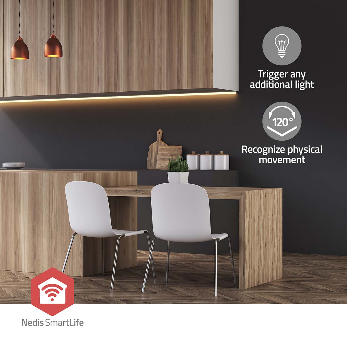 Vorderansicht einer modernen Küche mit Holzmöbeln und einem integrierten Nedis SmartLife-Bewegungssensor, der Lichter aktiviert und körperliche Bewegungen in einem Winkel von 120 Grad erkennt.