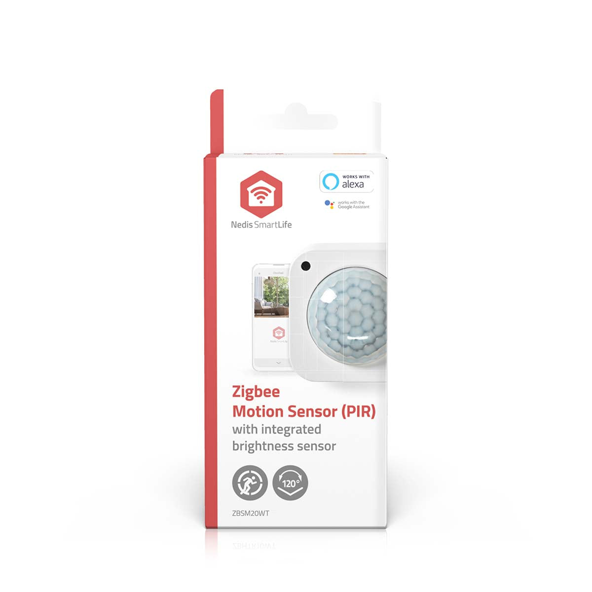 Vorderansicht der Produktverpackung des Nedis SmartLife Zigbee Bewegungssensors (PIR) mit integriertem Helligkeitssensor, kompatibel mit Amazon Alexa und Google Assistant.