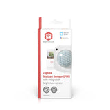 Vorderansicht der Produktverpackung des Nedis SmartLife Zigbee Bewegungssensors (PIR) mit integriertem Helligkeitssensor, kompatibel mit Amazon Alexa und Google Assistant.