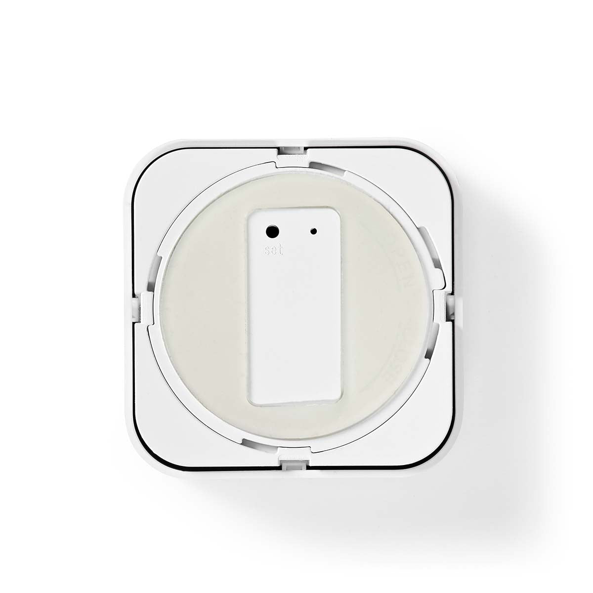 Draufsicht eines weißen intelligenten Wasserleckdetektors von Nedis mit integriertem Sensor und Reset-Taste.