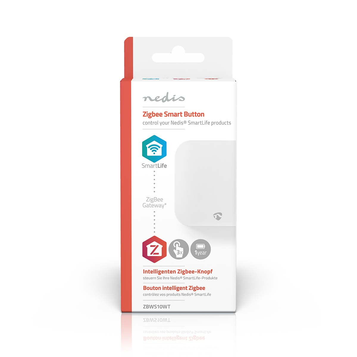 Vorderansicht der Produktverpackung des Nedis Zigbee Smart Button, einem Smart Button zur Steuerung von Nedis SmartLife-Produkten über ein Zigbee-Gateway.