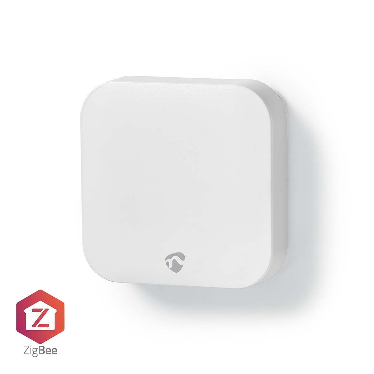 Seitenansicht eines weißen ZigBee-Temperatursensors mit abgerundeten Ecken und minimalistischem Design, an einer Wand montiert.