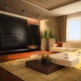 Ein modernes Wohnzimmer mit schlichtem Design, mit einem rechteckigen Couchtisch mit einer weißen und dunkelbraunen Tischplatte, einem beigen Sofa, einem Holzboden mit einem hellen Teppich, großen Pflanzen in weißen Töpfen und einer schwarzen Wand mit einem eingebauten Kamin; eine Frontalperspektive.