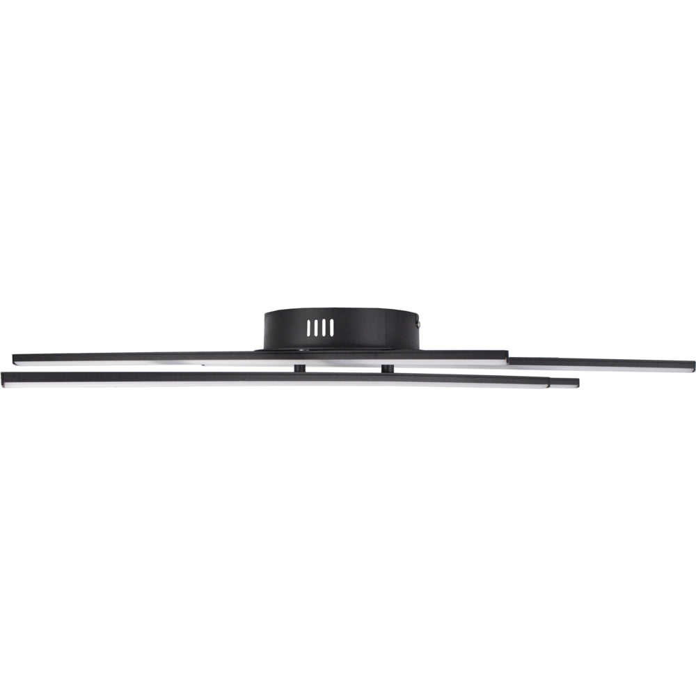 Moderne schwarze Deckenleuchte mit zwei langen, horizontalen LED-Lichtleisten – Seitenansicht des schlanken und minimalistischen Designs.