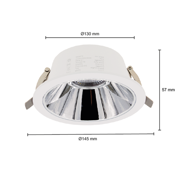 LED Downlight Einbaustrahler mit weißem Gehäuse und glänzendem Reflektor, Frontansicht mit sichtbaren Maßen: Außendurchmesser 145 mm, Einbaudurchmesser 130 mm und Höhe 57 mm.