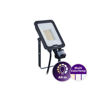 Philips LED-Außenstrahler mit Bewegungssensor und einstellbarer Farbtemperatur, Vorderansicht mit Montagehalterung und Anschlusskabel.