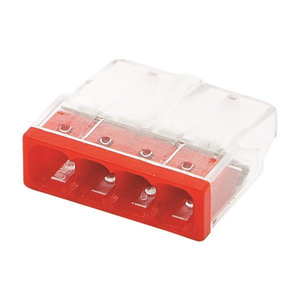 Transparenter 3-poliger Klemmenblock mit rotem Sockel, abgewinkelte Vorderansicht, geeignet zum schnellen und sicheren Verbinden von Installationsleitungen in Elektroinstallationen.