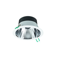 LED-Downlight-Spot-Einbauleuchte mit weißem Rand und reflektierender Innenseite, schräge Unteransicht