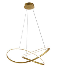 Moderne LED-Pendelleuchte mit goldfarbenen ovalen Ringen im verspielten, kreuz und quer verlaufenden Design – Frontansicht vor weißem Hintergrund.