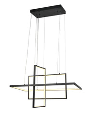 Moderne schwarze Pendelleuchte mit geometrischem Design und integrierter LED-Beleuchtung, seitliche Ansicht vor weißem Hintergrund.