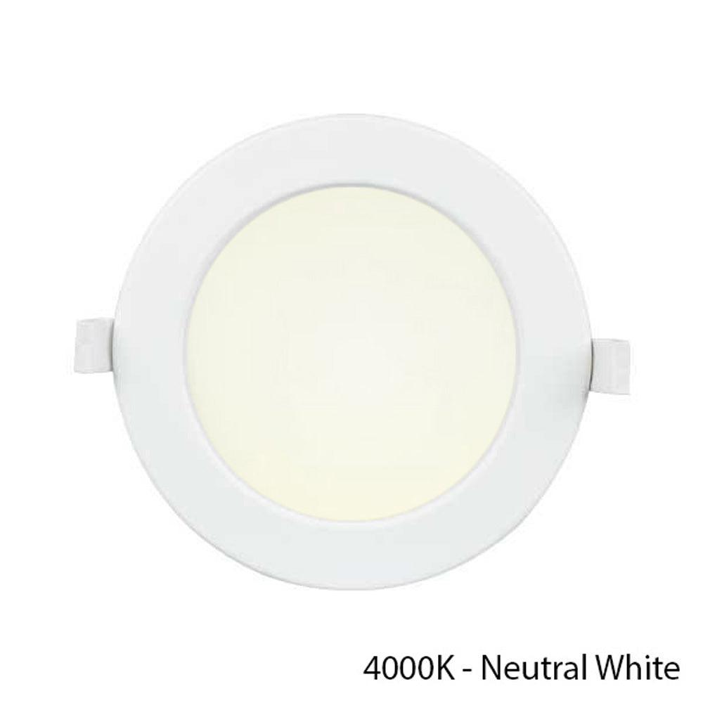 Runder LED-Einbaustrahler 4000K neutralweißes Licht, Draufsicht, mit weißem Rand und integrierten Klemmen zur Deckenmontage.