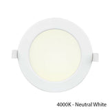 Runder LED-Einbaustrahler 4000K neutralweißes Licht, Draufsicht, mit weißem Rand und integrierten Klemmen zur Deckenmontage.