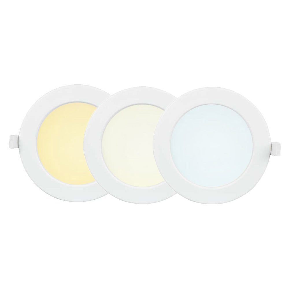 LED Einbaustrahler rund weiß mit drei verschiedenen Farbtemperaturen – Frontansicht der drei Strahler mit warmweißem, neutralweißem und kaltweißem Licht.
