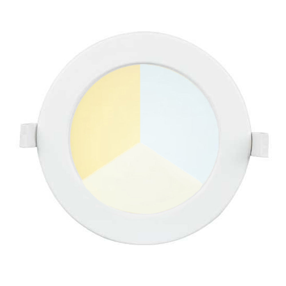 Runder LED-Einbaustrahler mit drei Farbtemperaturen, weißer Rahmen, Frontansicht.
